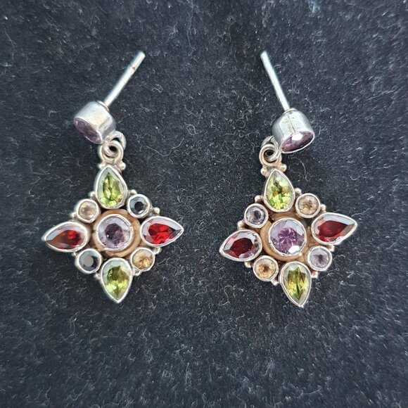 ✨ Gorgeous Vintage Multi-Gemstone Dangle Earrings – 925 Sterling Silver ✨ - Picture 8 of 10